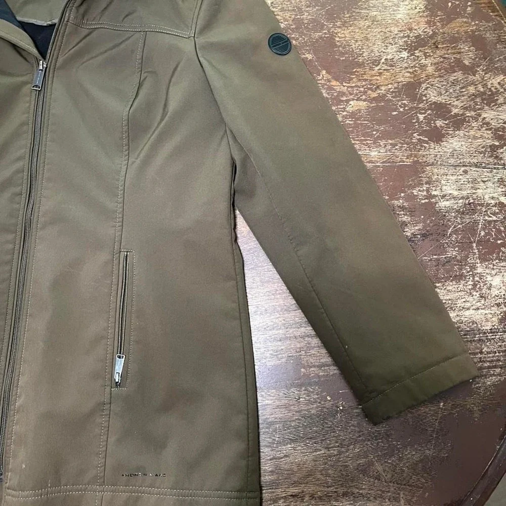 Andrew Marc Mens Olive Green Softshell Jacket Water Repellent Hooded Large